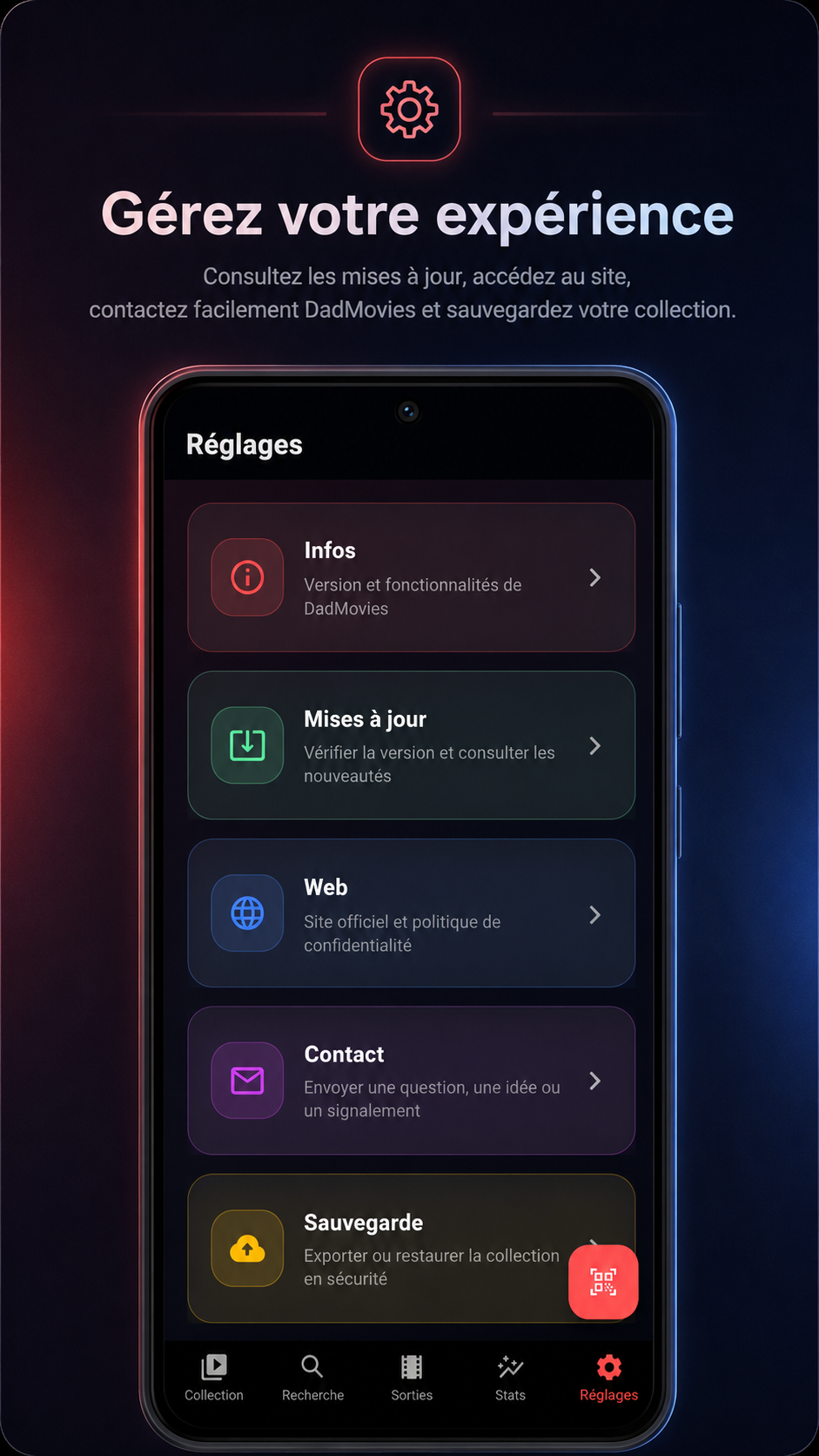 Écran de réglages DadMovies avec accès aux mises à jour, au contact et aux sauvegardes